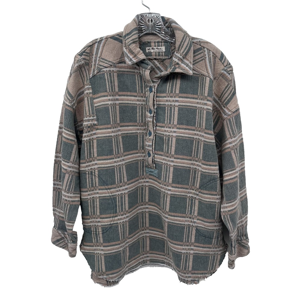 WE THE FREE Women's Sz M Blue/Beige Plaid 1/4-Button Oversized Heavyweight Shirt